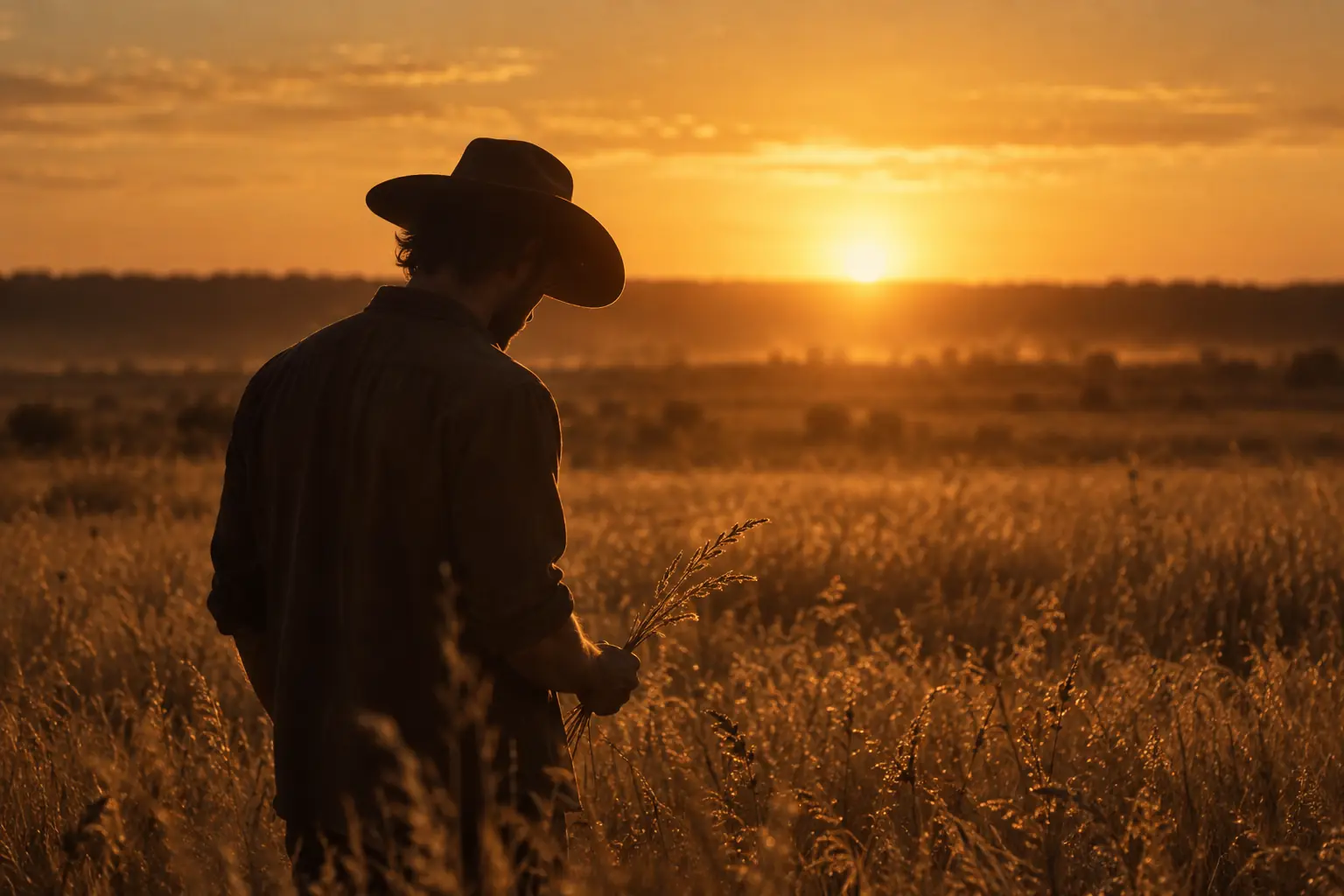 A figure in a wide brimmed hat standing in a dry golden field, backlit by a low sun, holding a few stalks of grass.