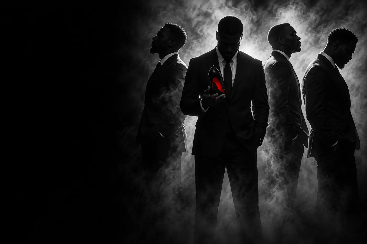 The four members of Key Pen in dark suits standing in smoke, lit from behind so their edges glow, one holding a black high heeled shoe with a red sole.